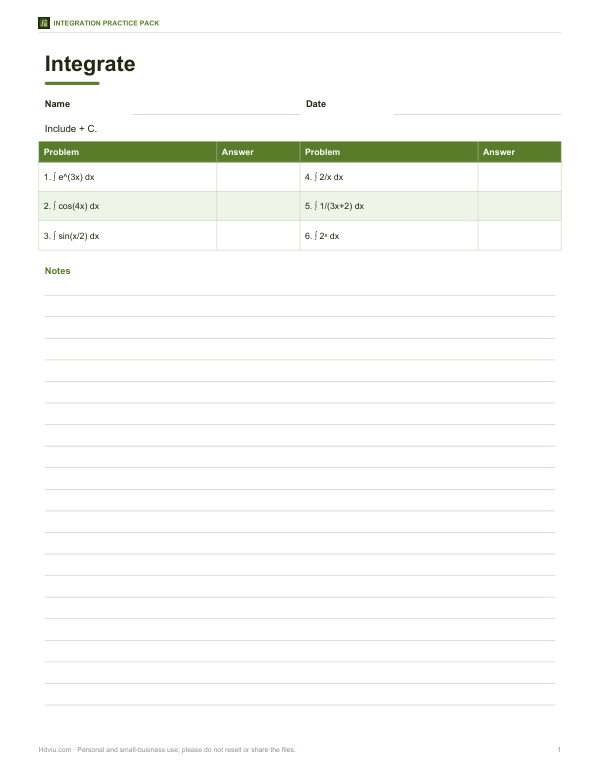Preview of Printable Standard Functions Integration Sheet
